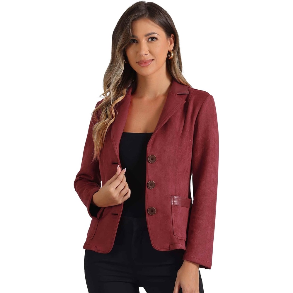 image:imageAllegra K Faux Suede Blazer for Women Lapel Collar Button Front JacketReddish Brown