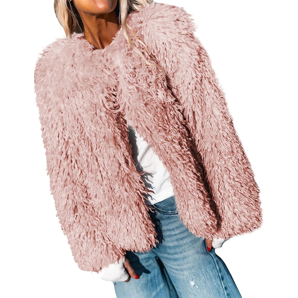 image:imageAoang Womens Faux Fur Jacket Cropped Fleece Warm Outerwear Winter CoatPink