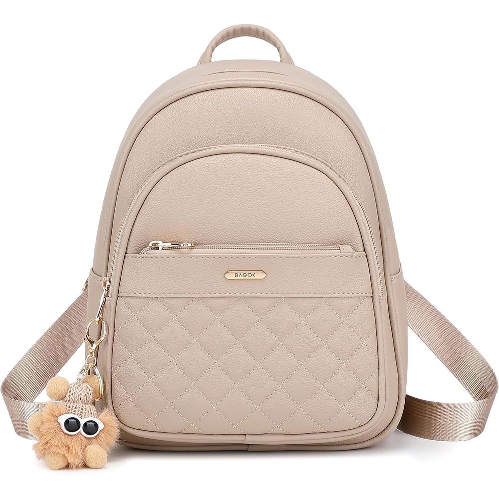 image:imageBAGOK Mini Leather Backpack Purse for Women Small Backpack Purse with Cartoon Charm Cute Fashion Bag for GirlsCbeige