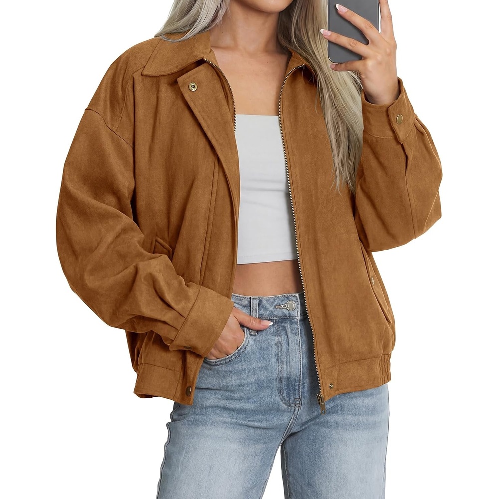 image:imageBTFBM Faux Suede Jacket Women Oversized Long Sleeve Leather Bomber CoatsCamel