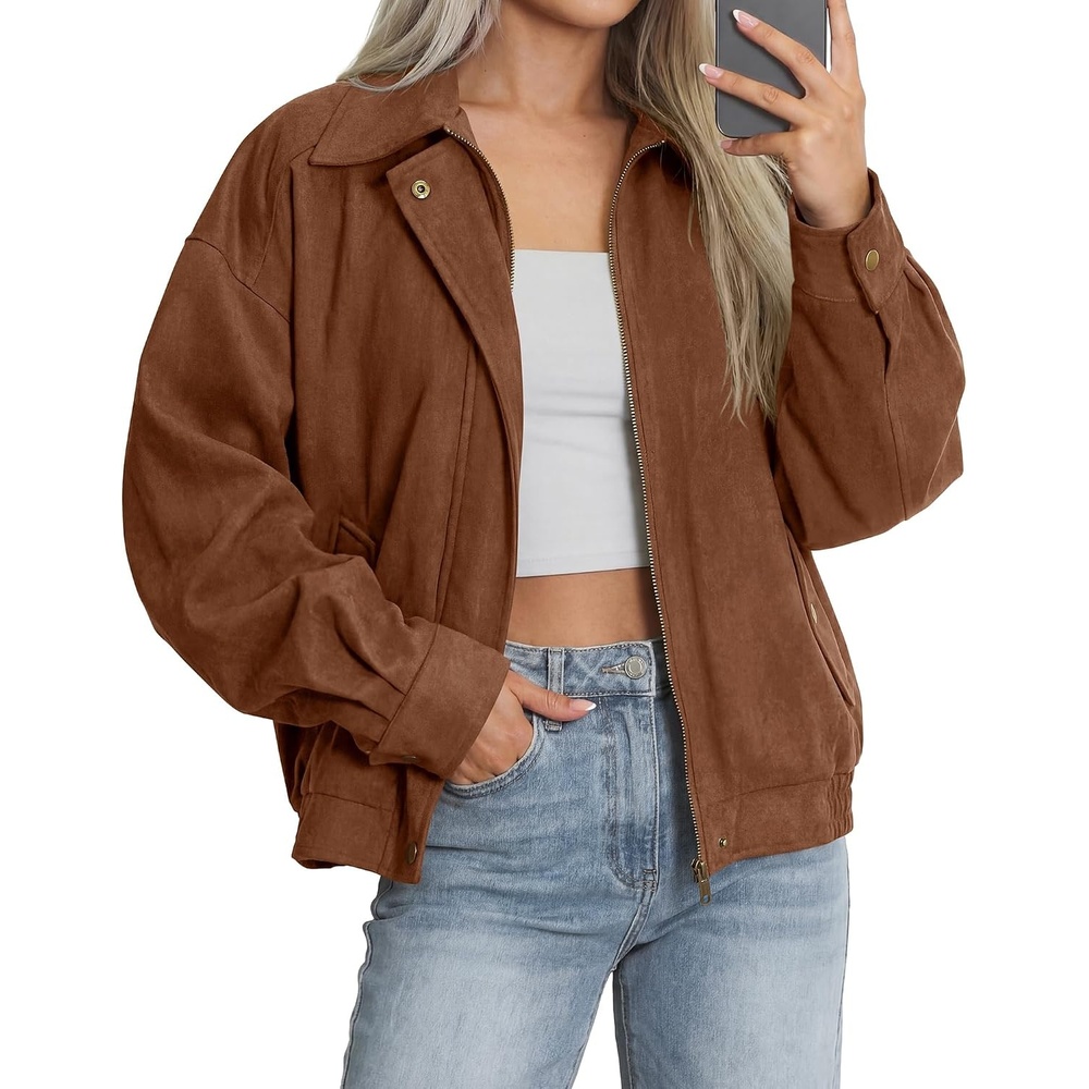 image:imageBTFBM Faux Suede Jacket Women Oversized Long Sleeve Leather Bomber CoatsCoffee