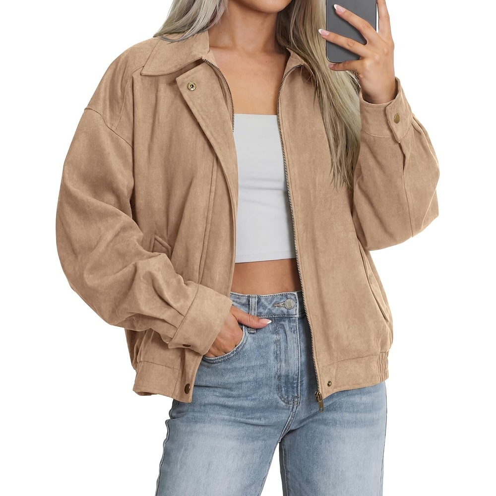 image:imageBTFBM Faux Suede Jacket Women Oversized Long Sleeve Leather Bomber CoatsLight Khaki