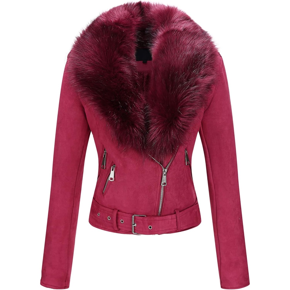 image:imageBellivera Women Faux Suede Jacket Moto Biker SherpaLined CoatRed