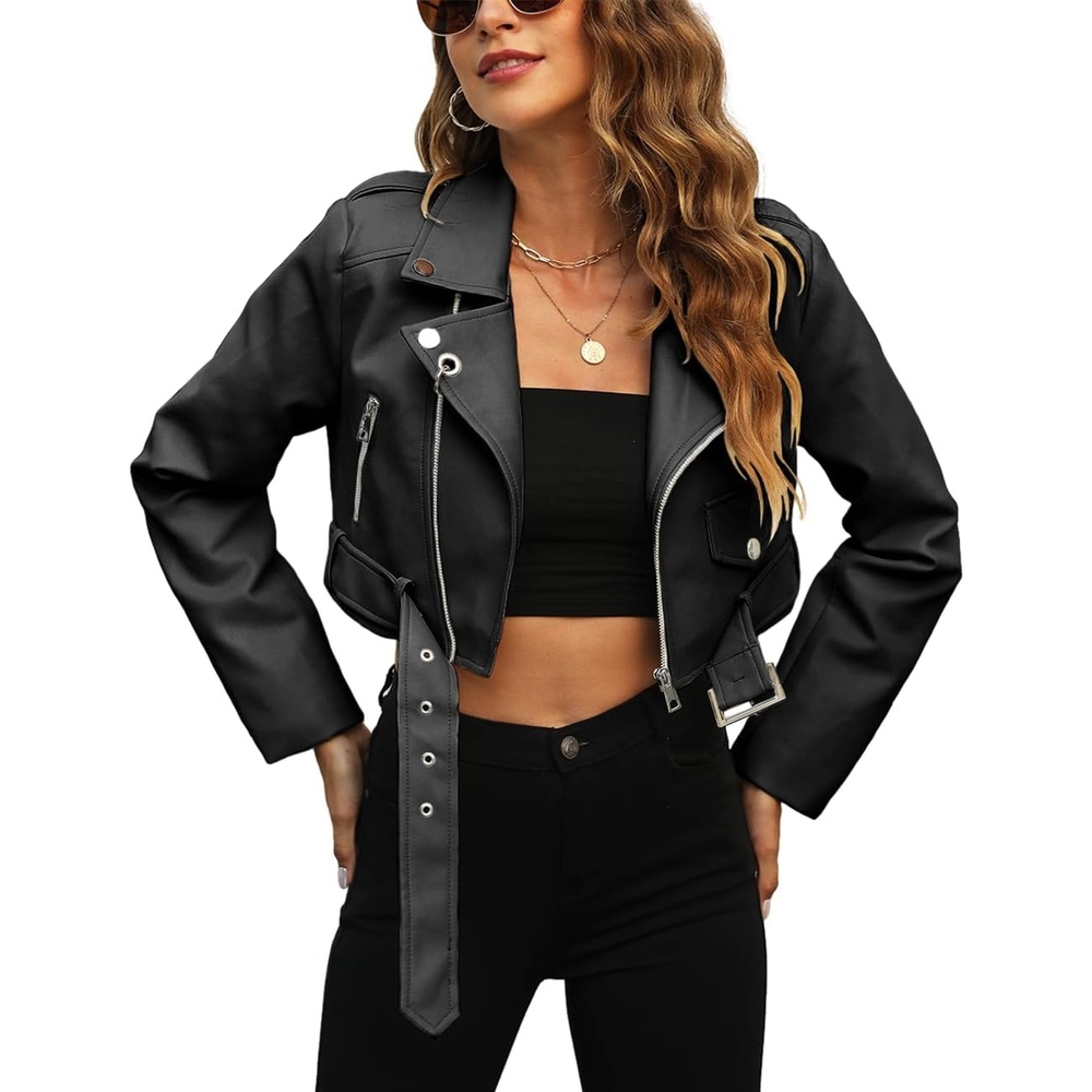 image:imageBellivera Womens Cropped Faux Leather Jacket Bomber PU Moto CoatBlack Crop