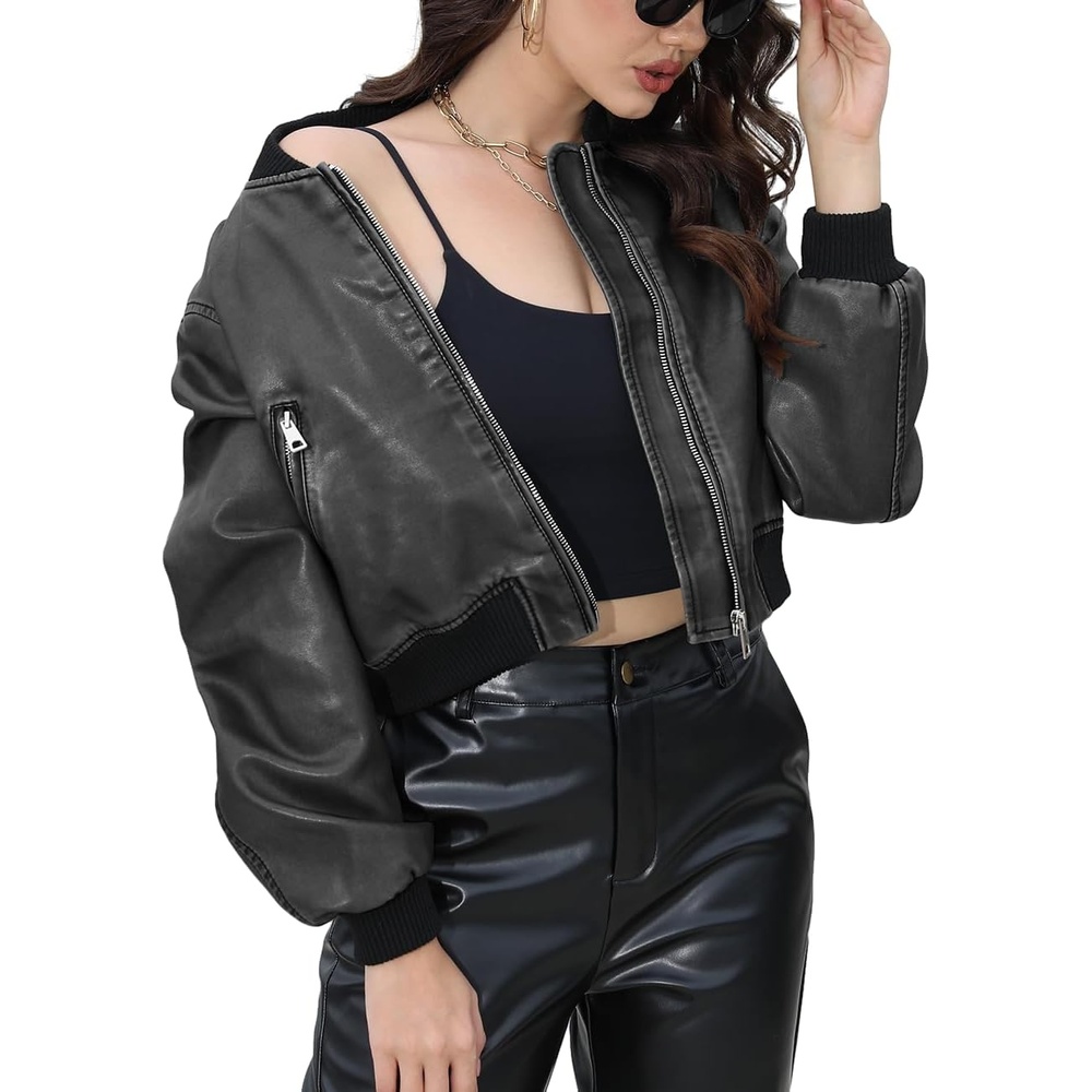 image:imageBellivera Womens Cropped Faux Leather Jacket Bomber PU Moto CoatCharcoal Gray