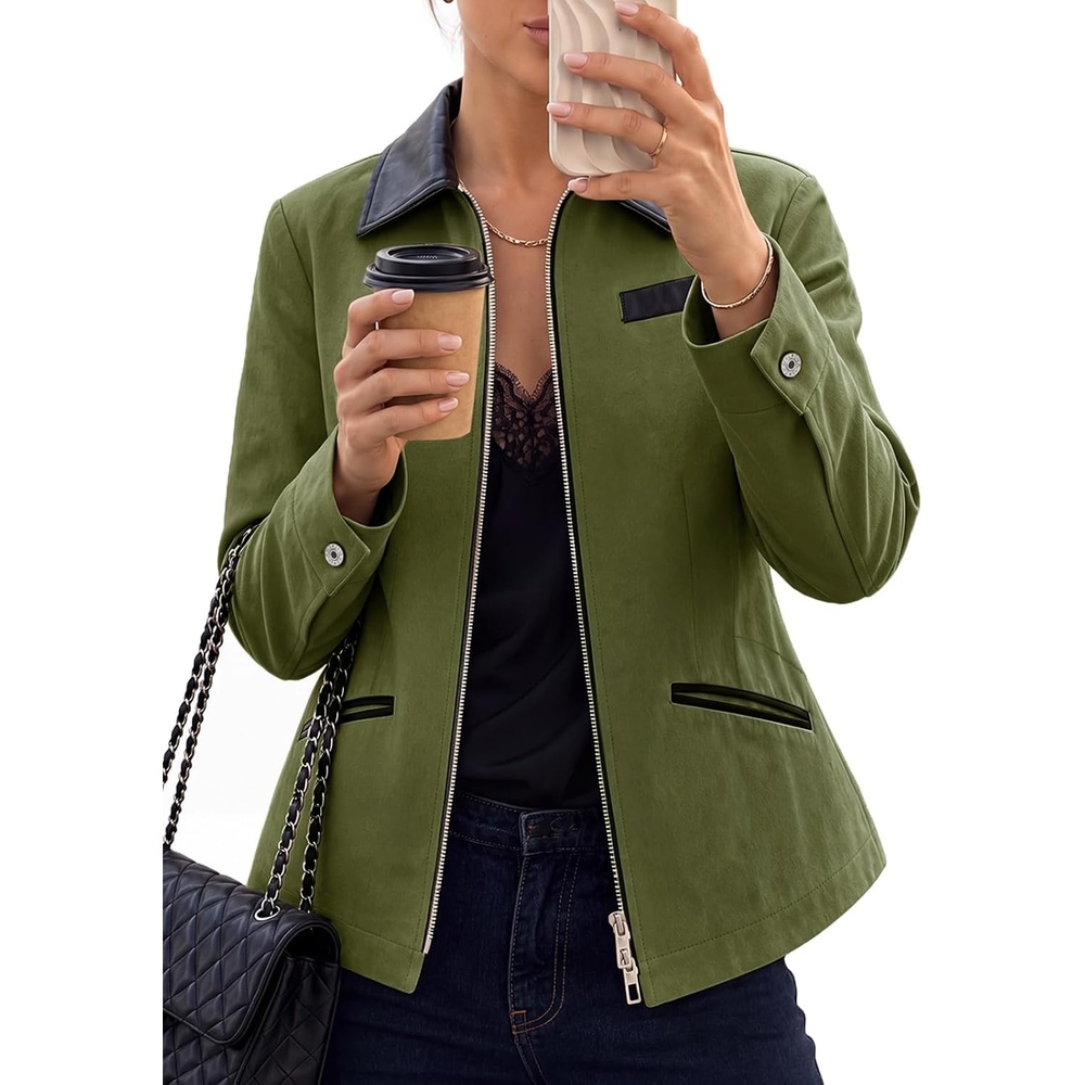 image:imageCicy Bell Womens Cropped Barn Jackets Long Sleeve Zip Up Collared CoatArmy Green