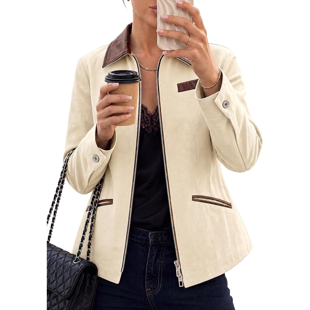 image:imageCicy Bell Womens Cropped Barn Jackets Long Sleeve Zip Up Collared CoatBeige