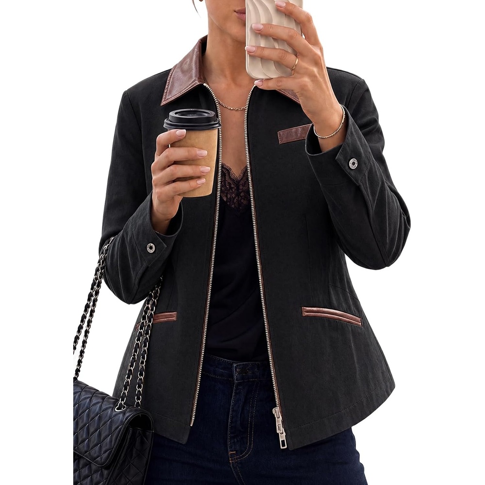 image:imageCicy Bell Womens Cropped Barn Jackets Long Sleeve Zip Up Collared CoatBlack