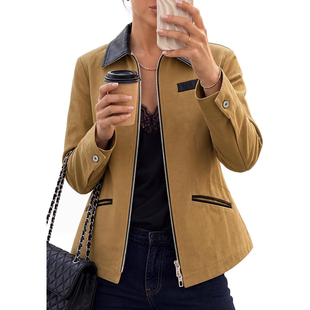 image:imageCicy Bell Womens Cropped Barn Jackets Long Sleeve Zip Up Collared CoatBrown