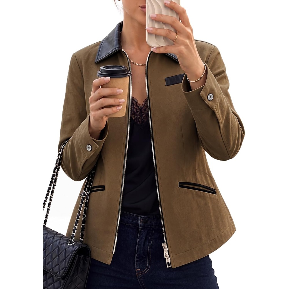 image:imageCicy Bell Womens Cropped Barn Jackets Long Sleeve Zip Up Collared CoatCoffee