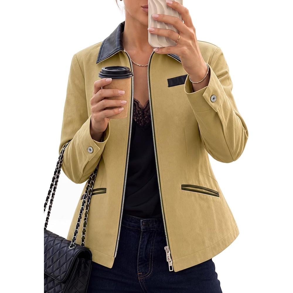 image:imageCicy Bell Womens Cropped Barn Jackets Long Sleeve Zip Up Collared CoatKhaki