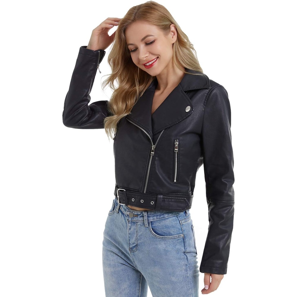 image:imageDIASHINY Women Faux Leather Jacket Slim Belted PU Moto Coat036 Black