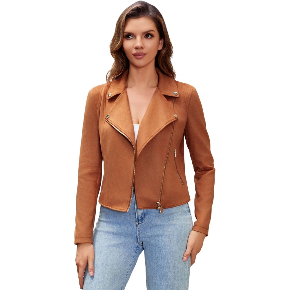image:imageDIASHINY Women Faux Leather Jacket Slim Belted PU Moto Coat143 Light Brown
