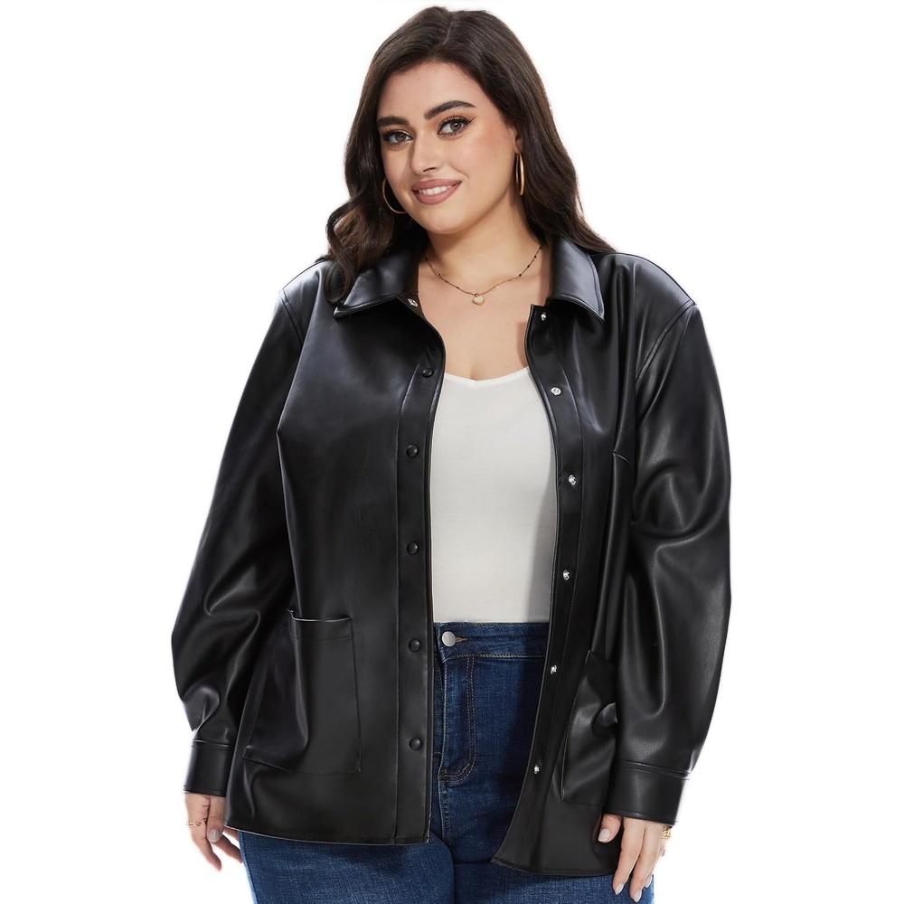 image:imageFahsyee Womens Faux Leather Shacket Loose Fit Shirts Moto Biker JacketBlackfp