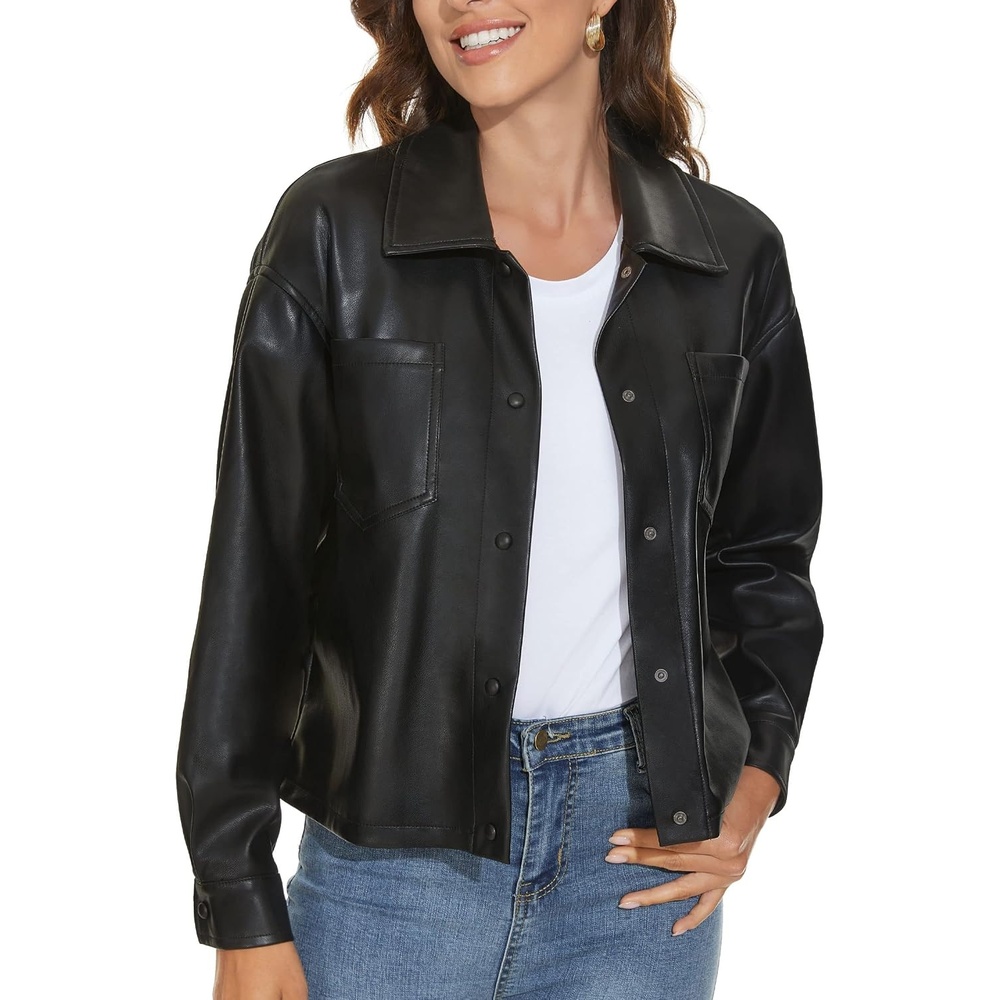 image:imageFahsyee Womens Faux Leather Shacket Loose Fit Shirts Moto Biker JacketJet Black