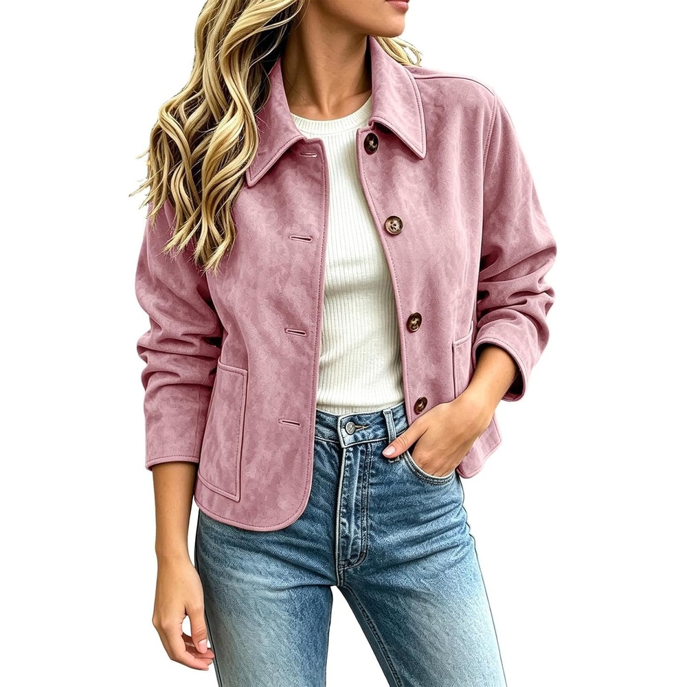 image:imageFall Jackets for Women 2026 Faux Suede Button Up Trendy Coat Dressy CasualPink