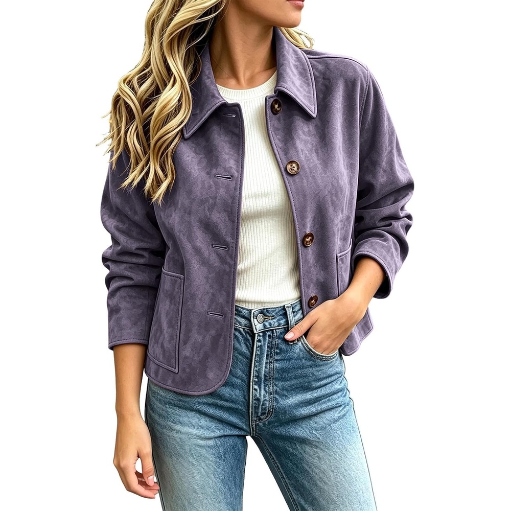 image:imageFall Jackets for Women 2026 Faux Suede Button Up Trendy Coat Dressy CasualPurple