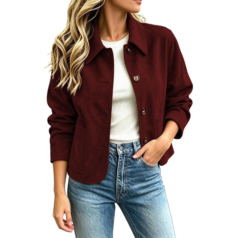 image:imageFall Jackets for Women 2026 Faux Suede Button Up Trendy Coat Dressy CasualWine