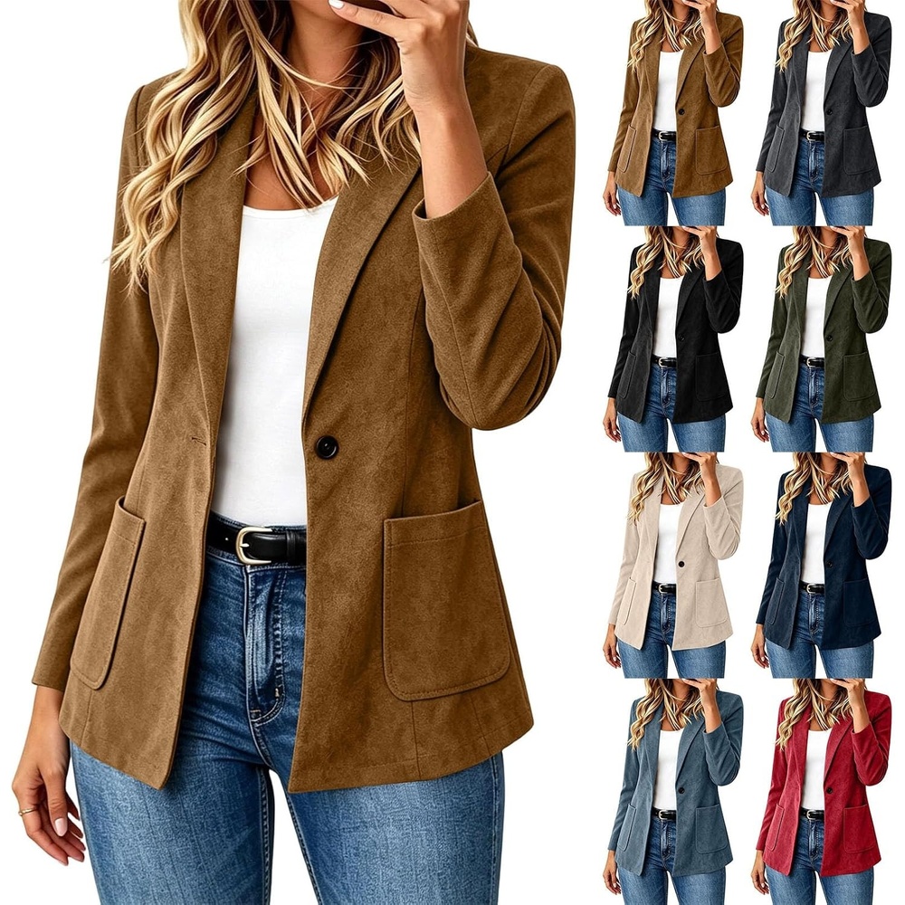 image:imageFaux Suede Blazer for Women 2026 Fall Lapel Collar Button Jackets OuterwearCoffee