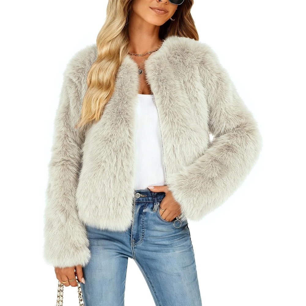 image:imageFunlingo Womens Faux Fur Coat Winter Warm Cropped Jacket Trendy Long Sleeve Crew Neck Zip Up OuterwearBeige