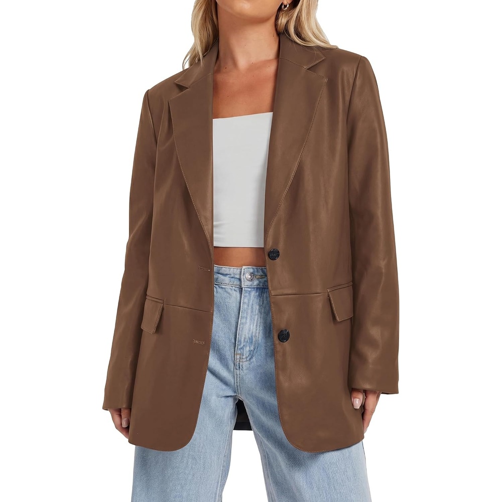 image:imageKIRUNDO Womens Loose Soft Faux Leather Blazer Jacket with Flap PocketsBrown