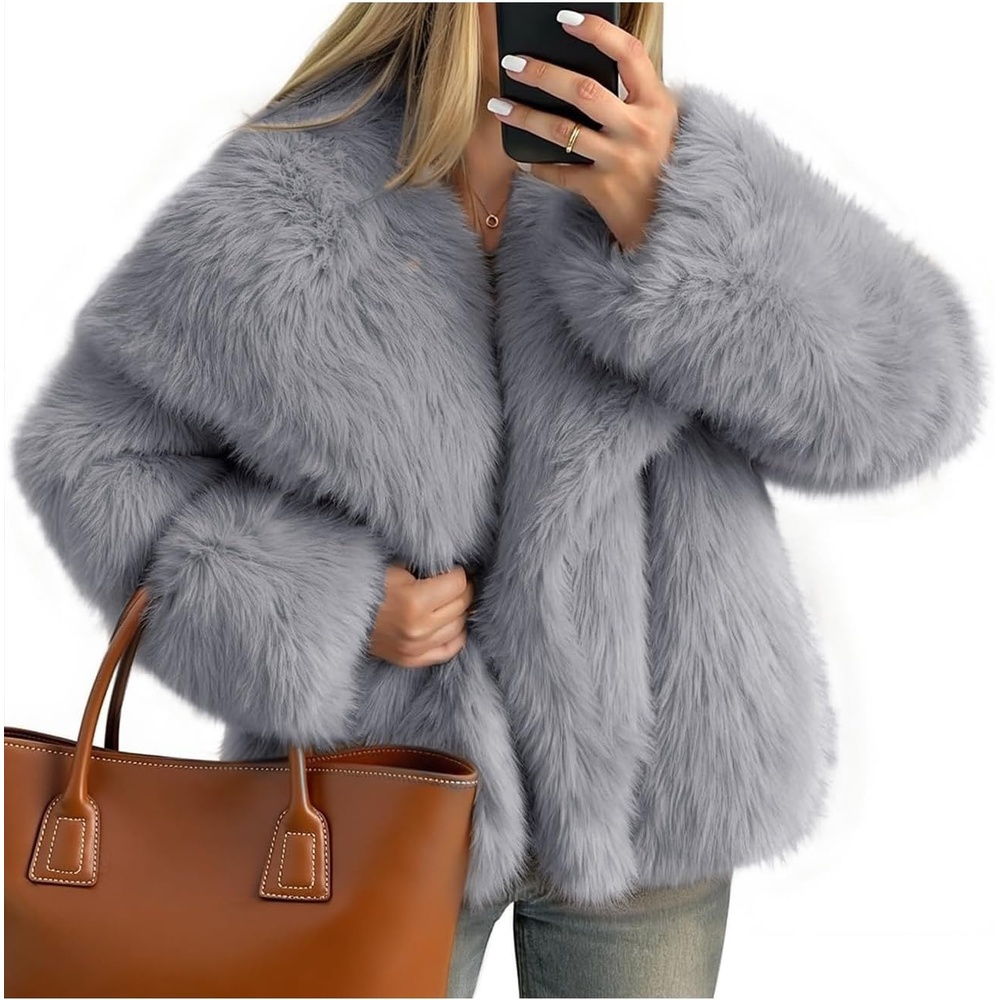 image:imageKissonic Women Faux Fur Coat Lapel Collar Shaggy Warm Short Fluffy JacketAshgrey