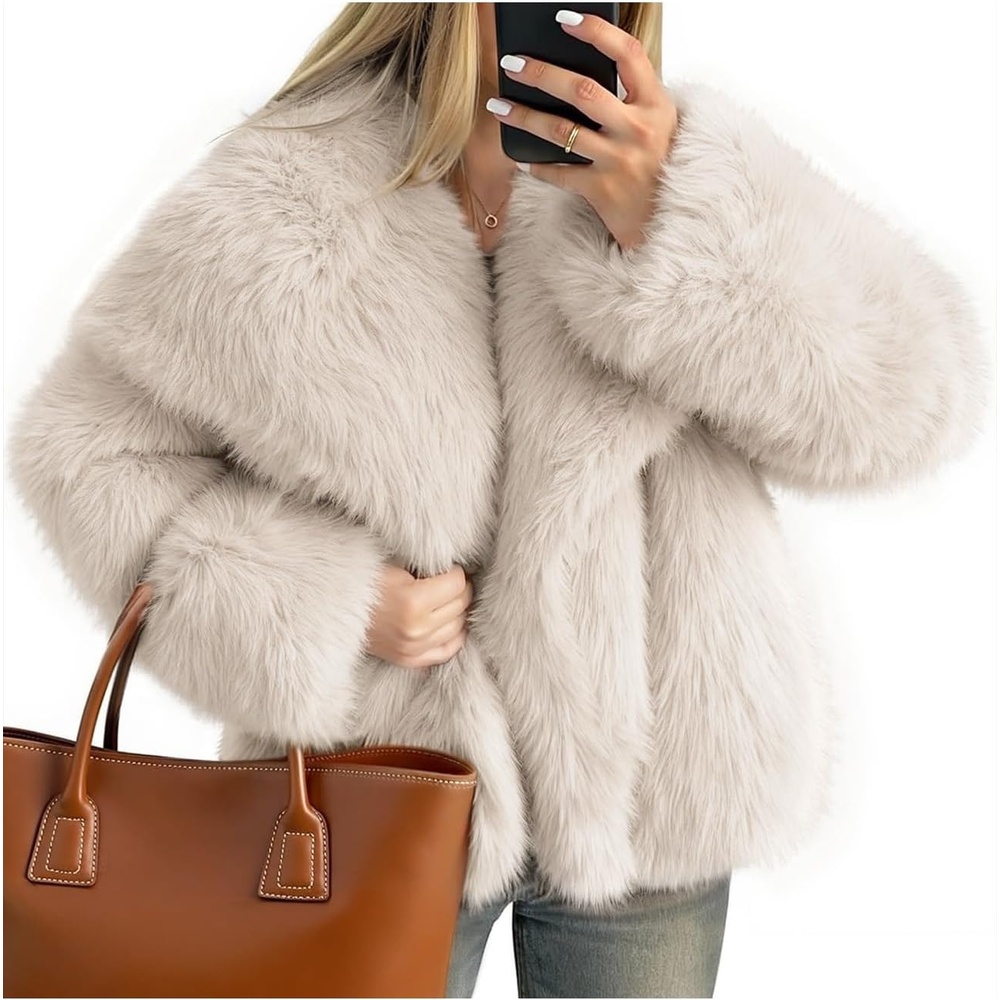 image:imageKissonic Women Faux Fur Coat Lapel Collar Shaggy Warm Short Fluffy JacketBeige