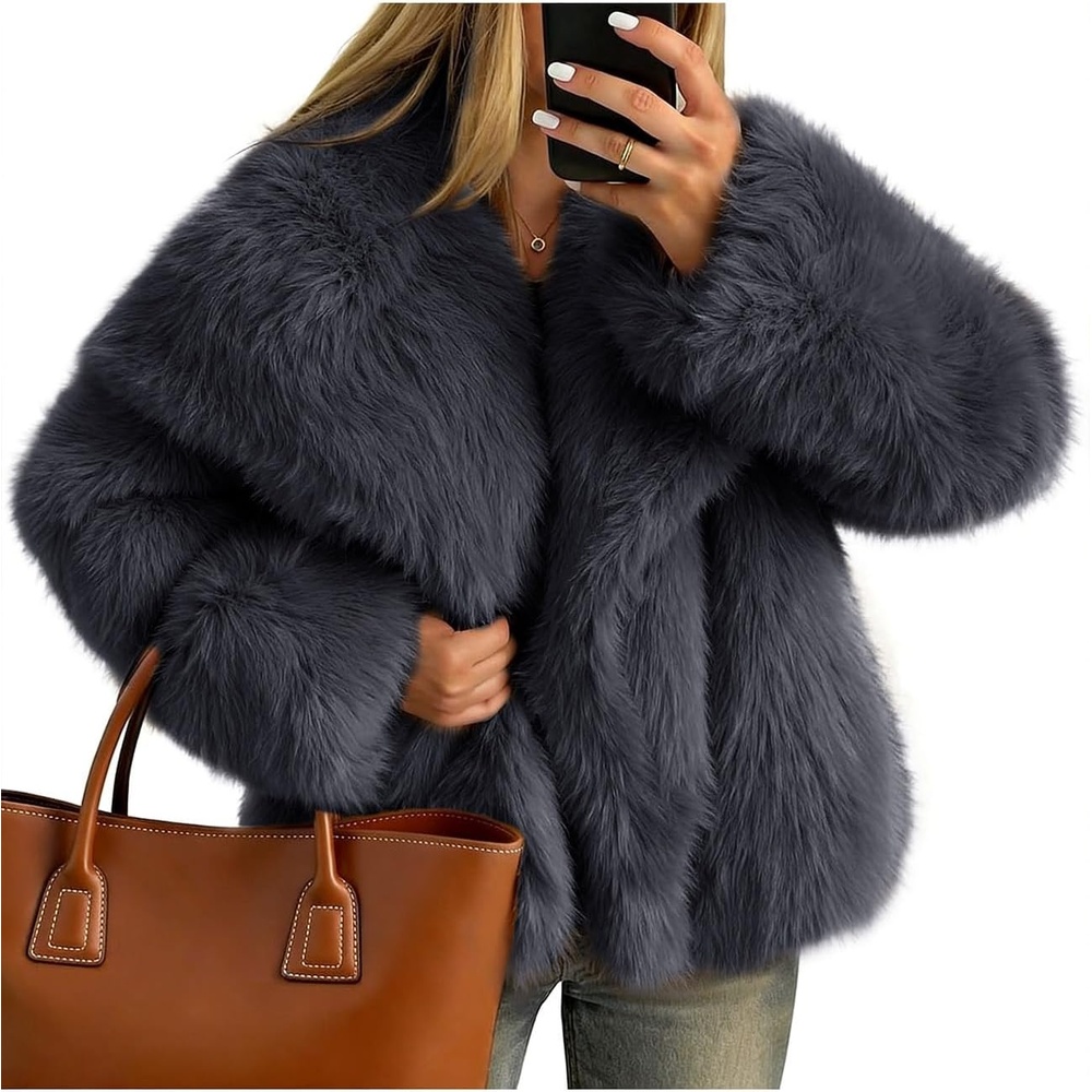 image:imageKissonic Women Faux Fur Coat Lapel Collar Shaggy Warm Short Fluffy JacketGrey