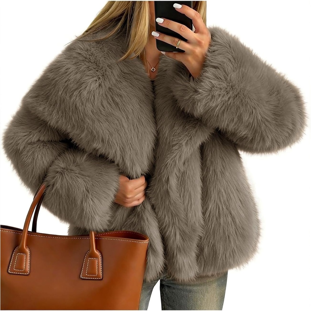 image:imageKissonic Women Faux Fur Coat Lapel Collar Shaggy Warm Short Fluffy JacketLightbrown