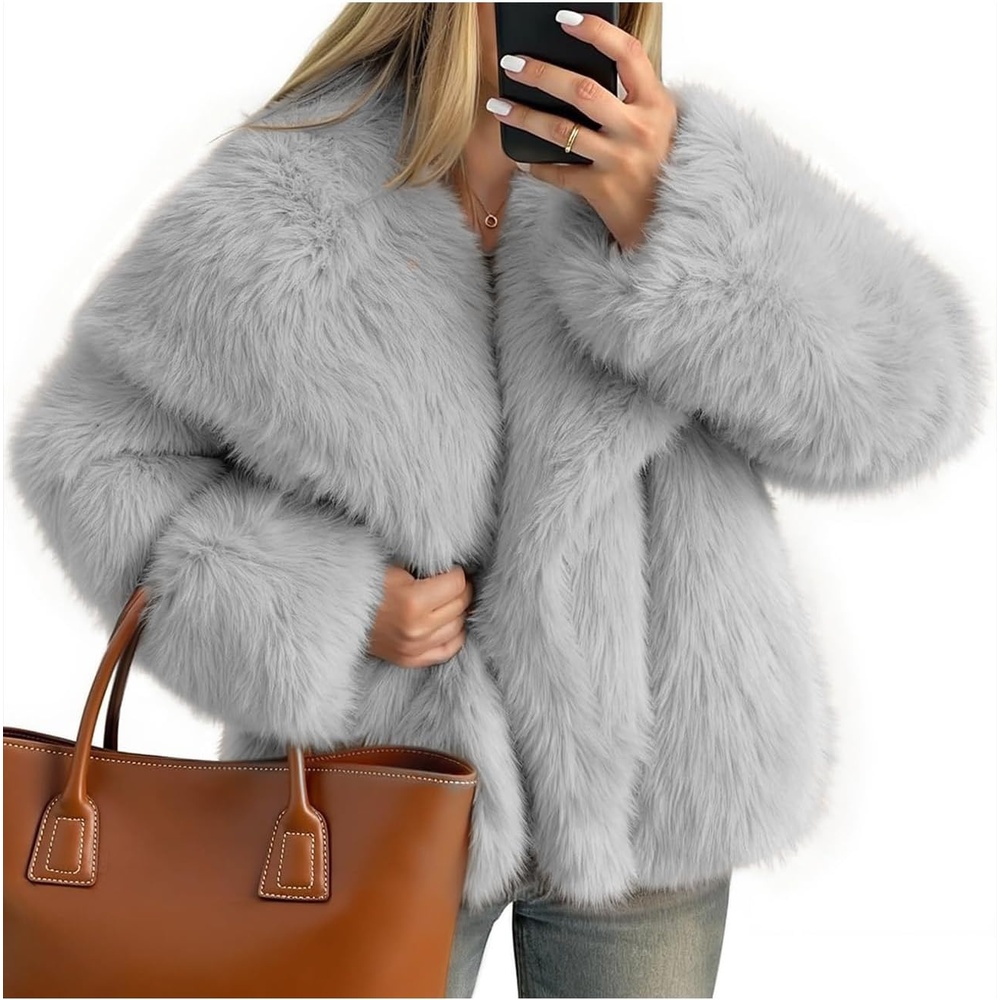 image:imageKissonic Women Faux Fur Coat Lapel Collar Shaggy Warm Short Fluffy JacketLightgrey