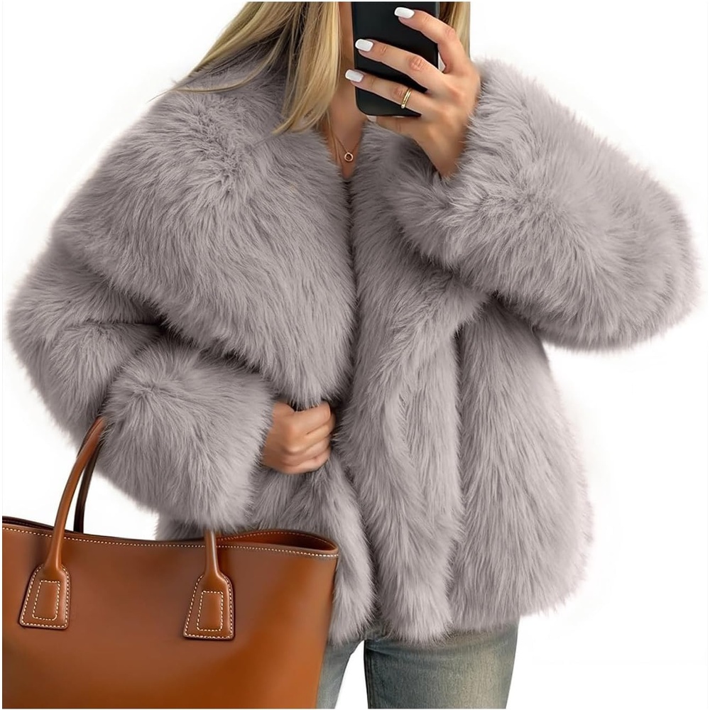 image:imageKissonic Women Faux Fur Coat Lapel Collar Shaggy Warm Short Fluffy JacketLightkhaki
