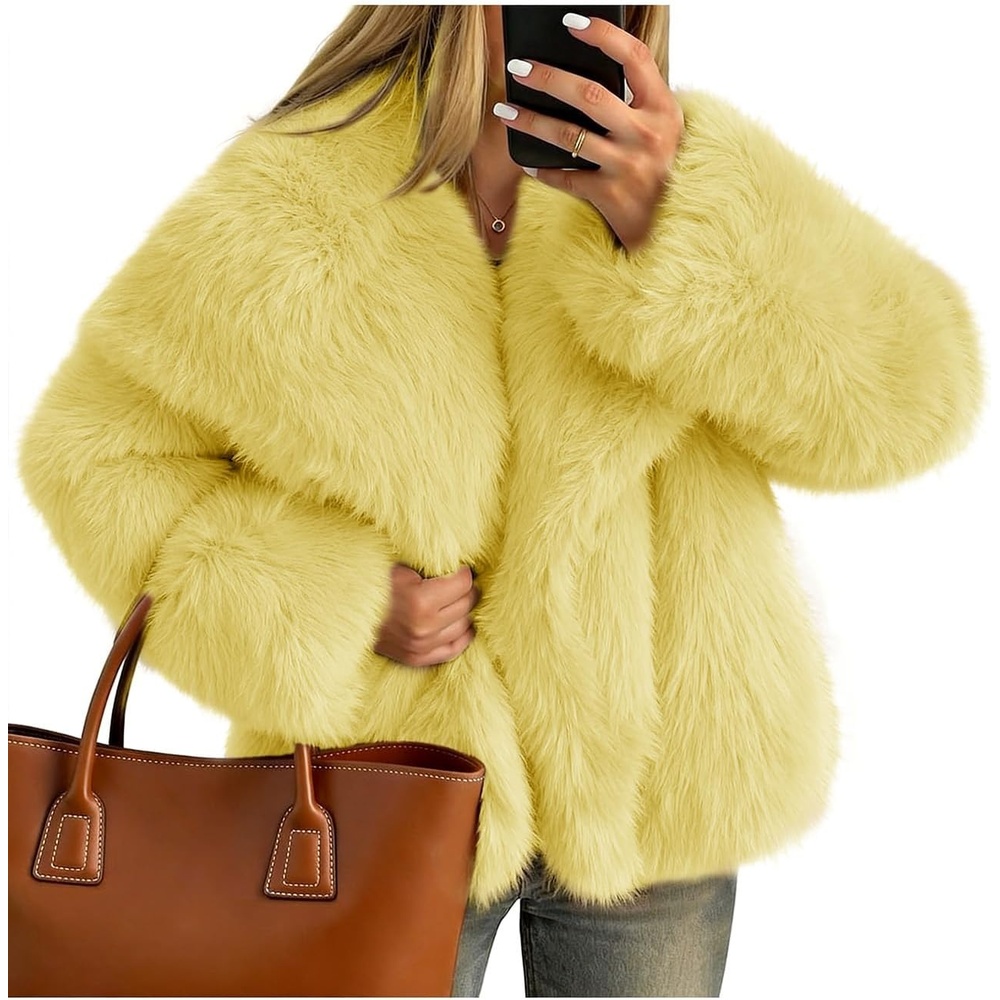 image:imageKissonic Women Faux Fur Coat Lapel Collar Shaggy Warm Short Fluffy JacketYellow