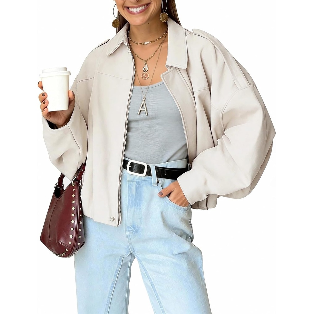 image:imageKissonic Womens Faux Suede Bomber Jacket Oversized Long Sleeve Cropped CoatBeige