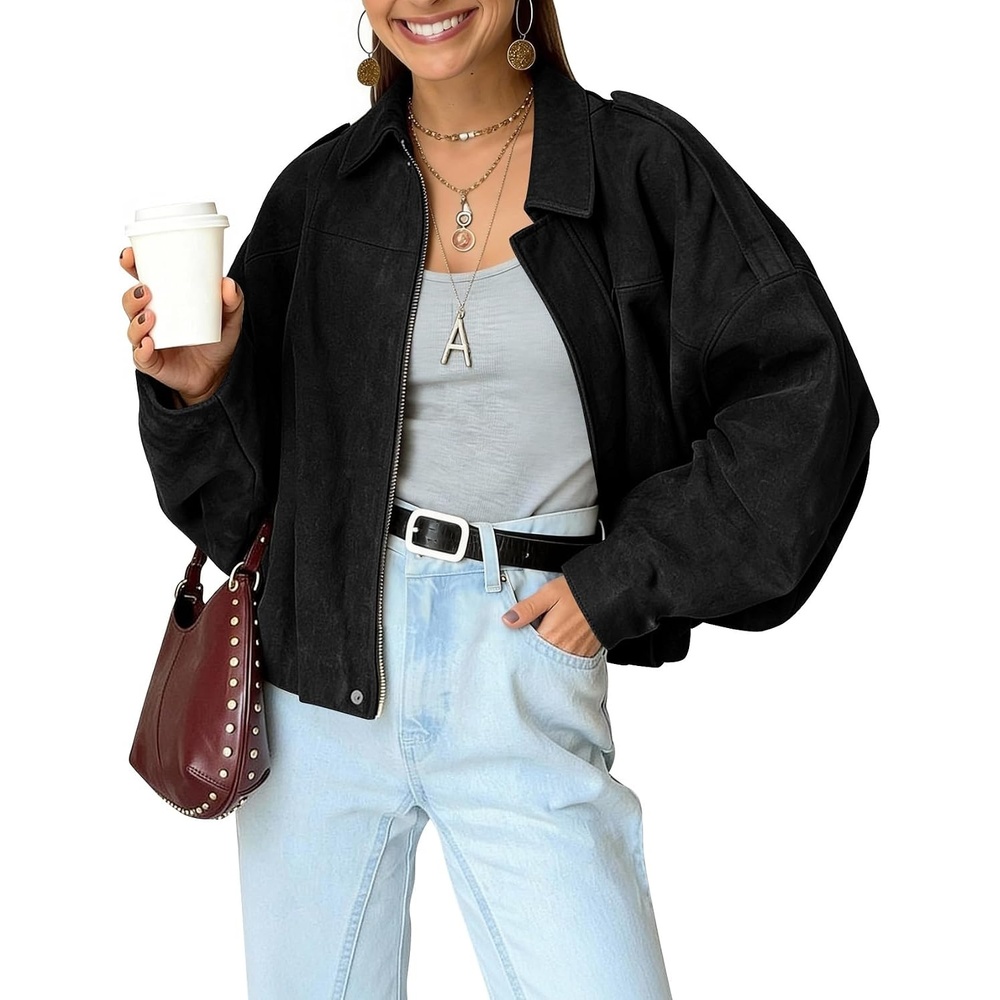 image:imageKissonic Womens Faux Suede Bomber Jacket Oversized Long Sleeve Cropped CoatBlack