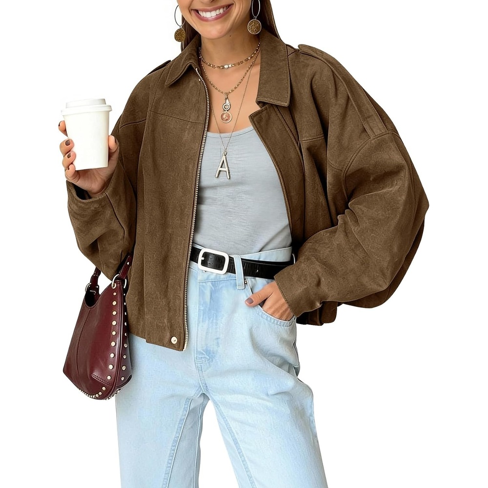 image:imageKissonic Womens Faux Suede Bomber Jacket Oversized Long Sleeve Cropped CoatBrown