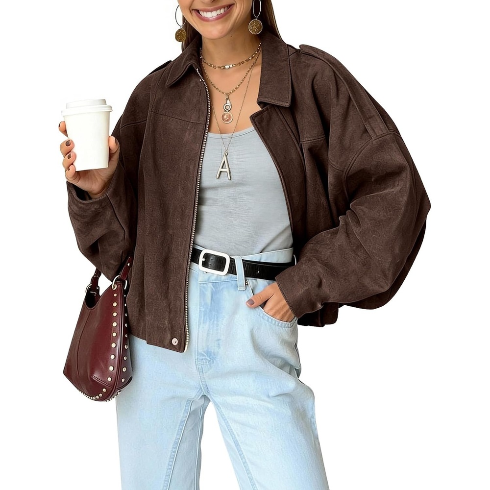 image:imageKissonic Womens Faux Suede Bomber Jacket Oversized Long Sleeve Cropped CoatCoffee