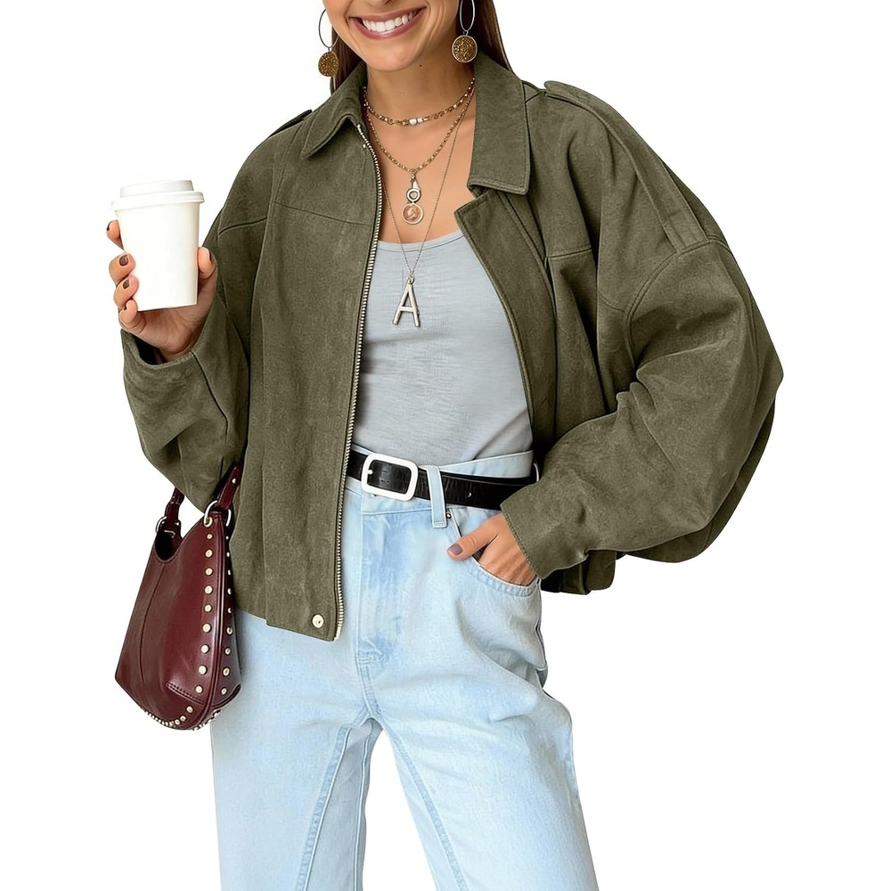 image:imageKissonic Womens Faux Suede Bomber Jacket Oversized Long Sleeve Cropped CoatGreen