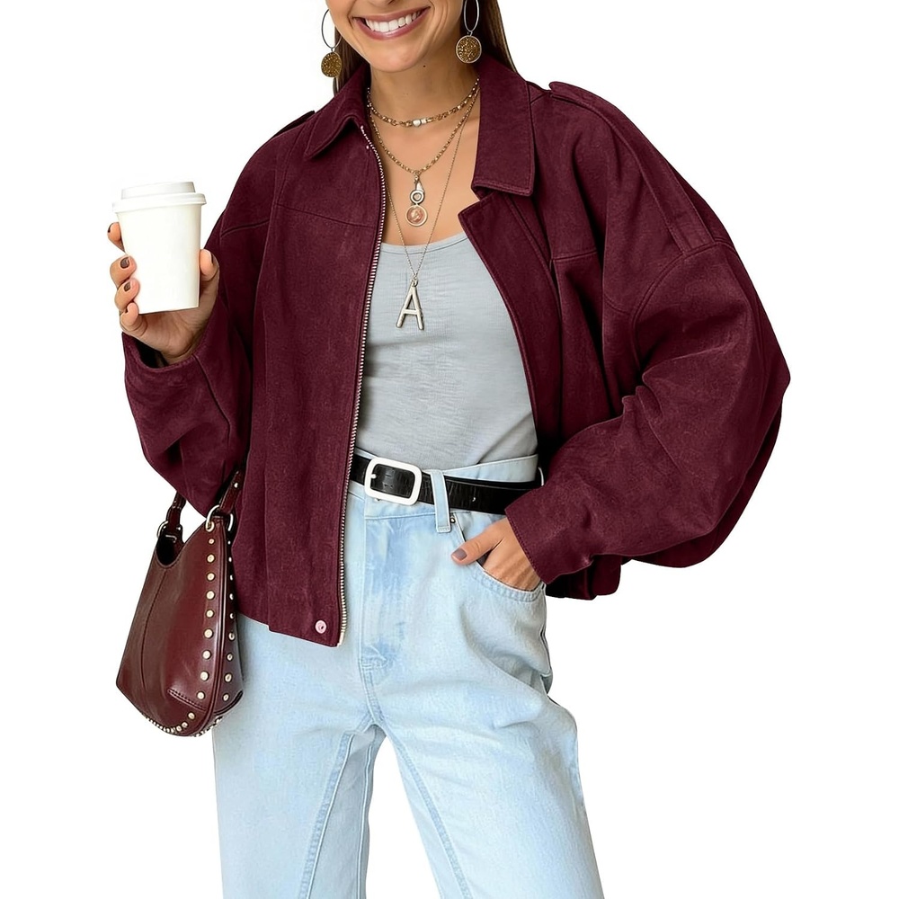 image:imageKissonic Womens Faux Suede Bomber Jacket Oversized Long Sleeve Cropped CoatWine Red