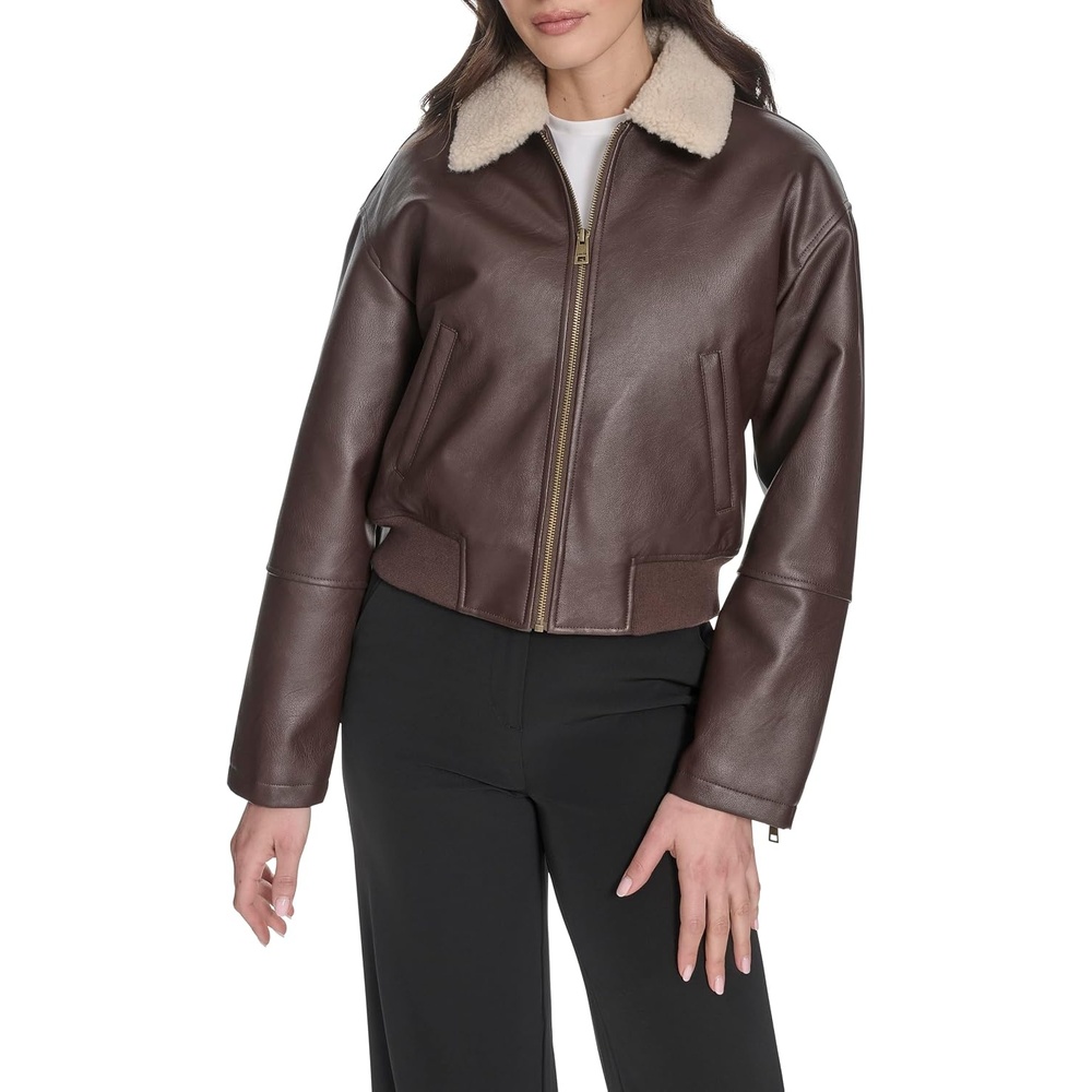 image:imageLevis Womens Faux Leather Bomber With Laydown CollarBrown Sherpa Collar