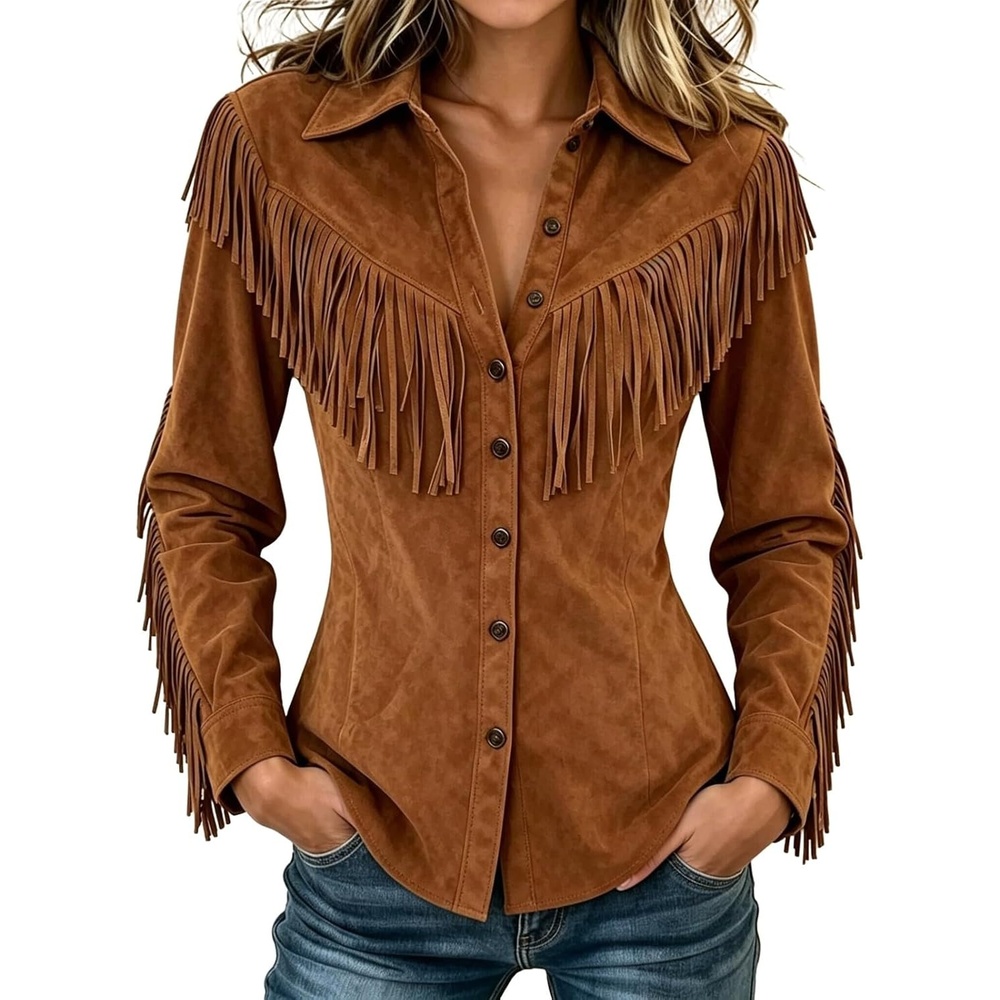 image:imageNantdog Boho Jackets for Women Western Fringe Shacket Suede Barn JacketsBrown1