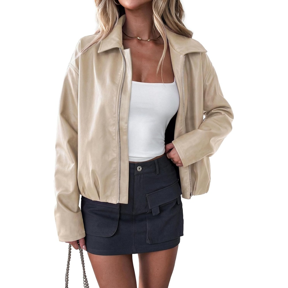image:imagePRETTYGARDEN Womens Faux Leather Motorcycle Jackets Fall Cropped CoatsApricot