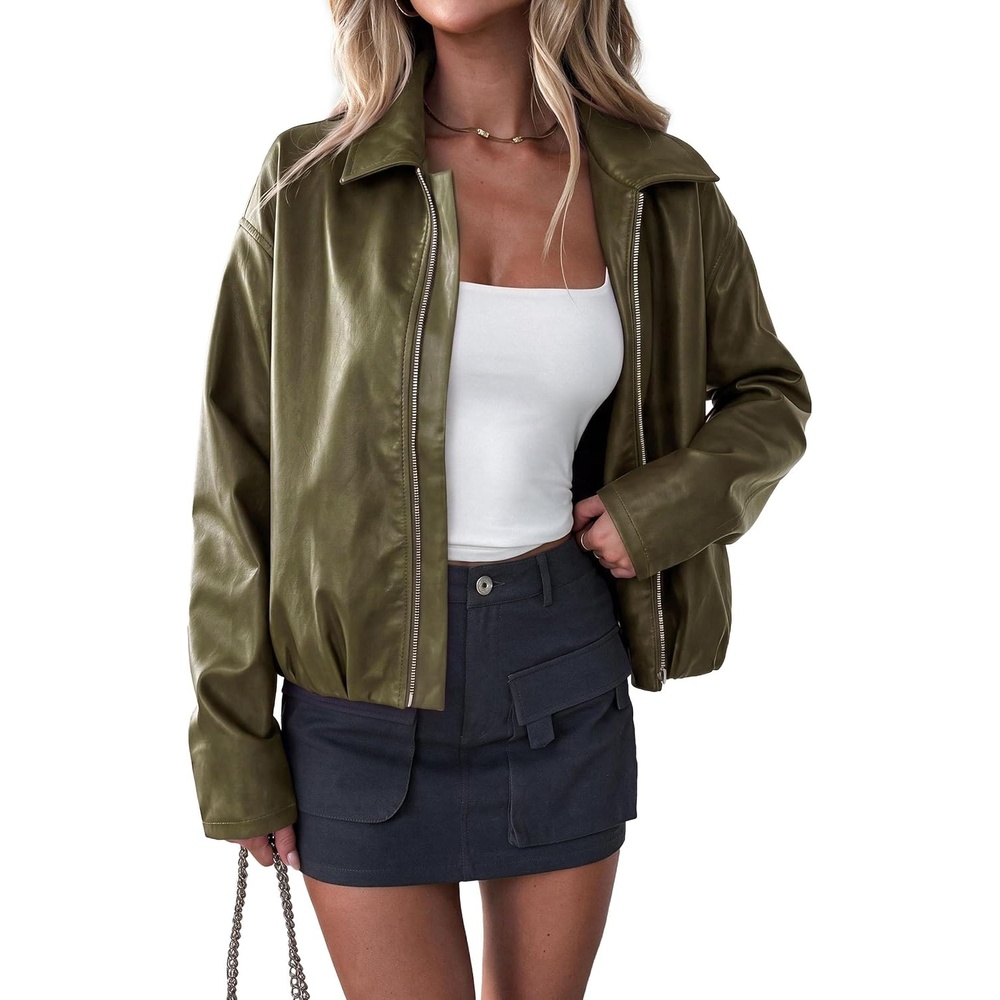 image:imagePRETTYGARDEN Womens Faux Leather Motorcycle Jackets Fall Cropped CoatsArmy Green