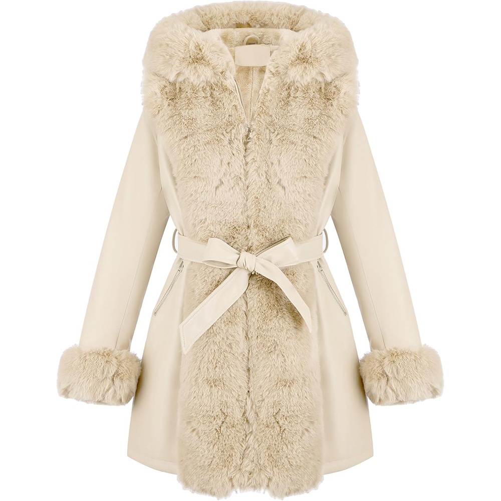 image:imageRISISSIDA Women Fur Lined Faux Leather Jacket Winter CoatBeige