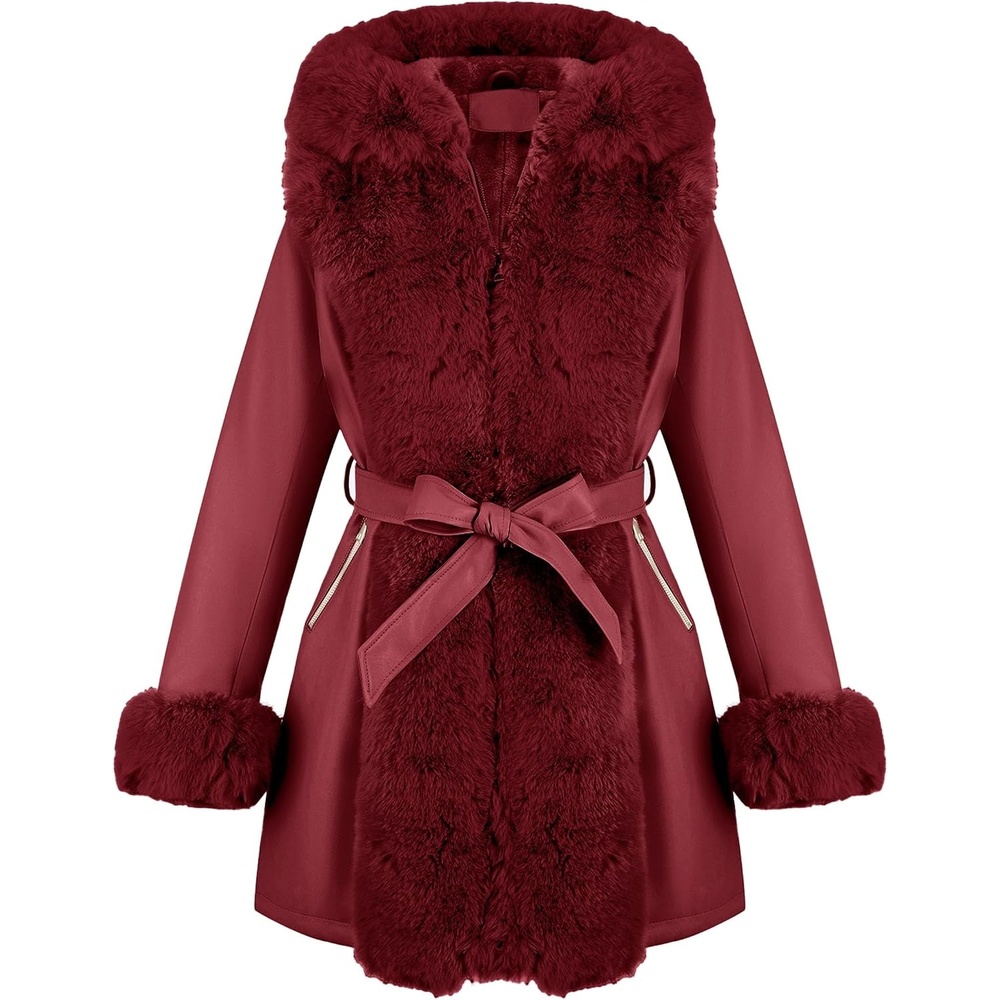 image:imageRISISSIDA Women Fur Lined Faux Leather Jacket Winter CoatBurgundy Wine
