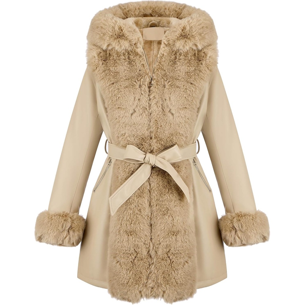image:imageRISISSIDA Women Fur Lined Faux Leather Jacket Winter CoatKhaki