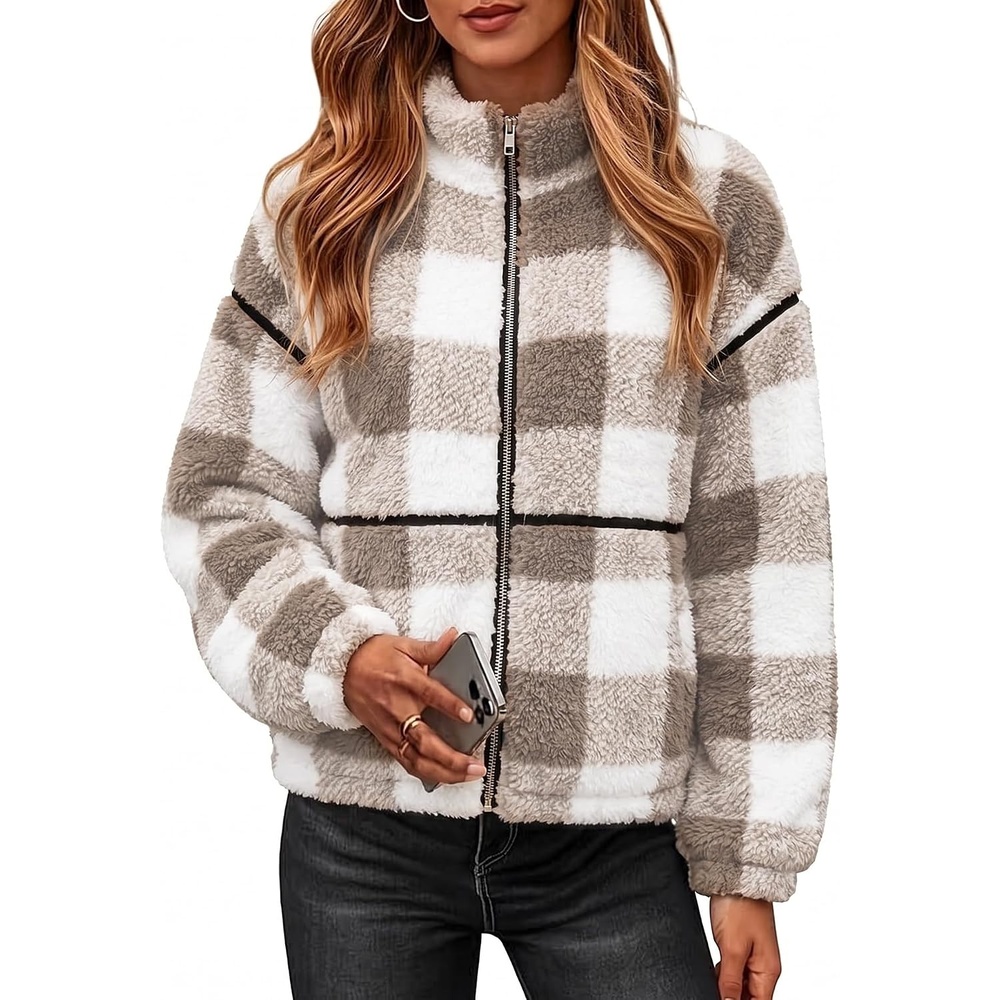 image:imageRapbin Womens Sherpa Fleece Jacket Zip Up Winter CoatsKhaki Plaid