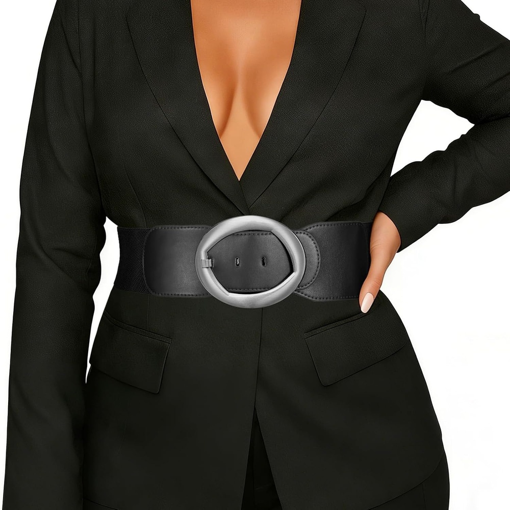 image:imageSUOSDEY Women Wide Stretchy Waist Belts for Dresses Fashion Oval Buckle Thick Elastic Belt 3 WidthBlack Silver