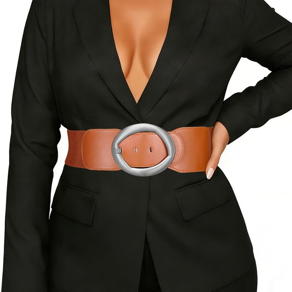 image:imageSUOSDEY Women Wide Stretchy Waist Belts for Dresses Fashion Oval Buckle Thick Elastic Belt 3 WidthBrown Silver