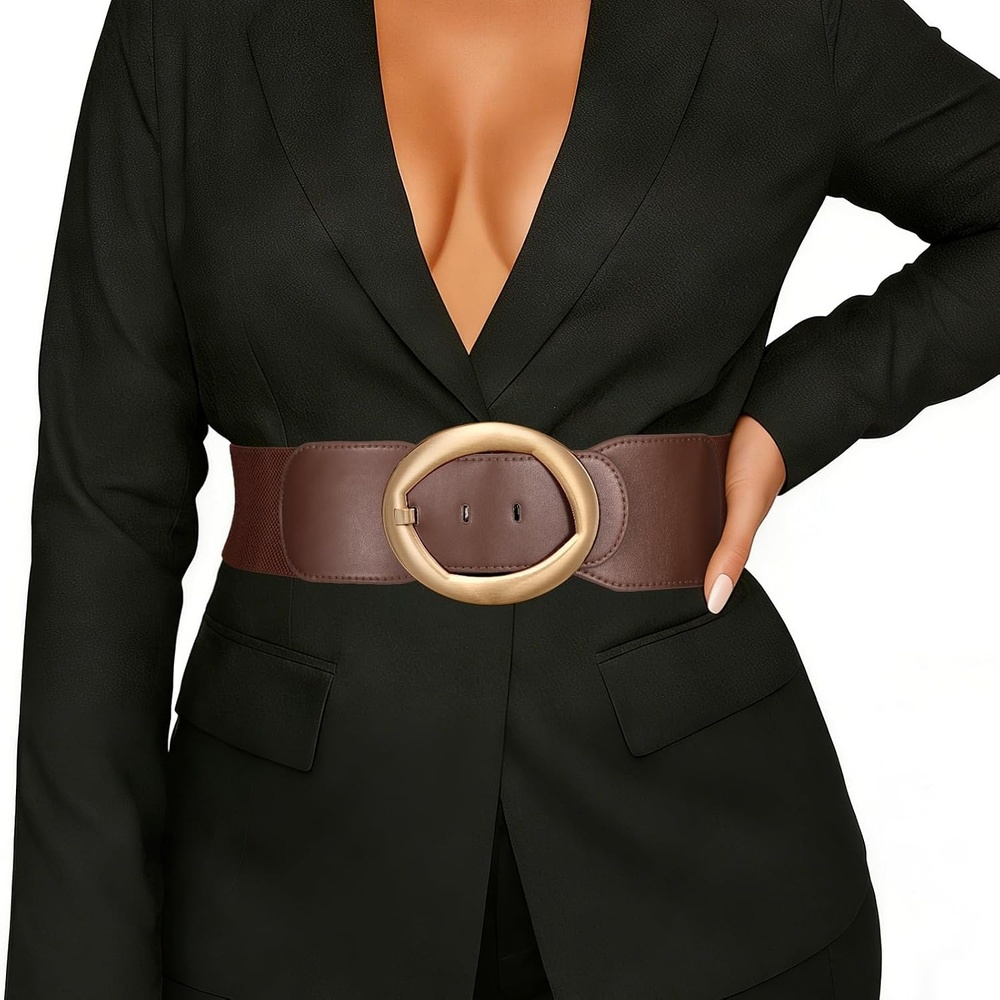 image:imageSUOSDEY Women Wide Stretchy Waist Belts for Dresses Fashion Oval Buckle Thick Elastic Belt 3 WidthCoffee