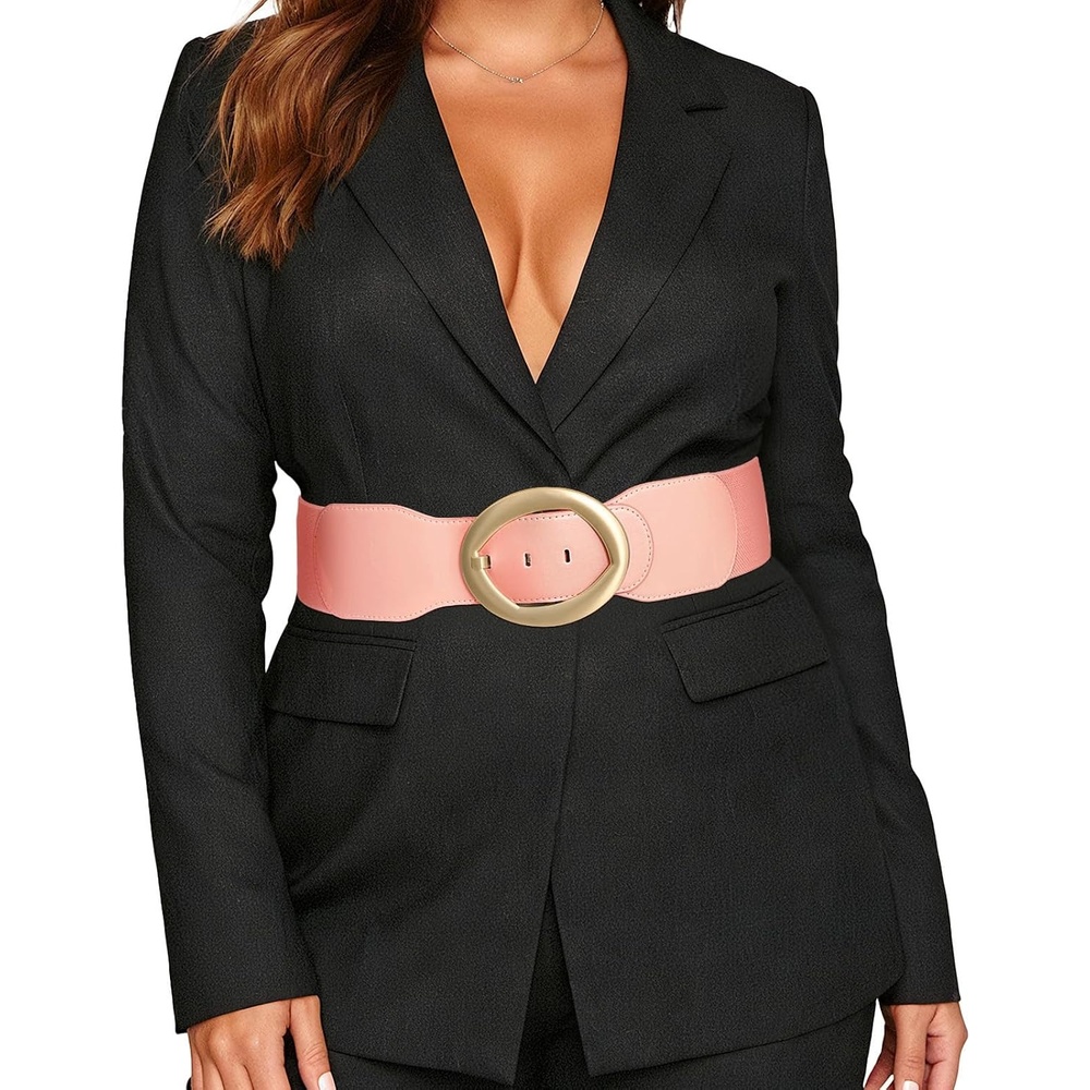 image:imageSUOSDEY Women Wide Stretchy Waist Belts for Dresses Fashion Oval Buckle Thick Elastic Belt 3 WidthPink